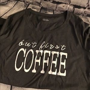 Hand Design long sleeve t-shirt, “but first coffee